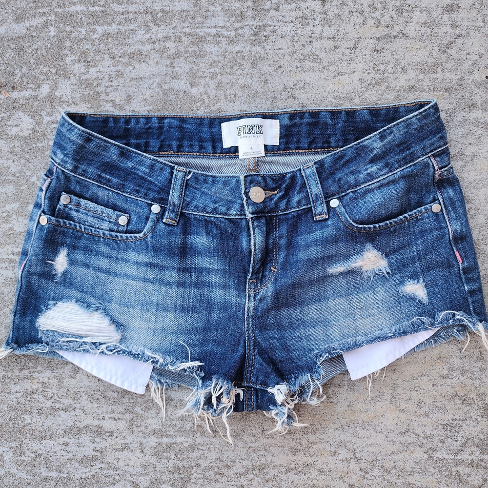 Y2K VS PINK Distressed Denim Blue Low Rise Cheeky Micro Shorts, Sz‎ 4